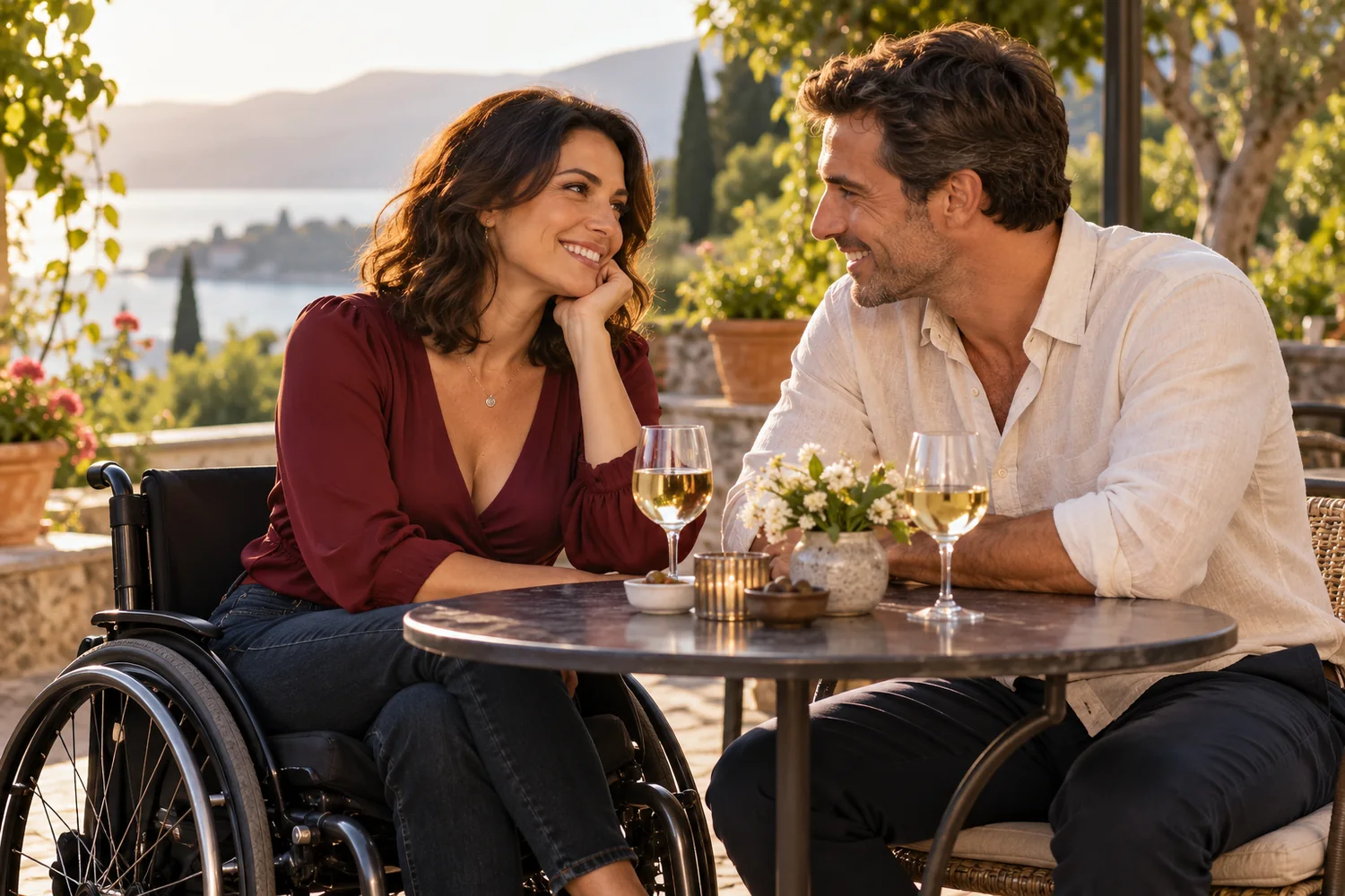 Woman using a wheelchair and a man enjoying a cafe date, showing accessible romance and shared attention